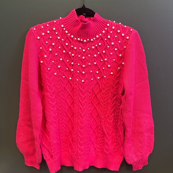 Hot Pink Mock Neck Sweater with Pearl Accents | Medium | NWT - Picture 1 of 6